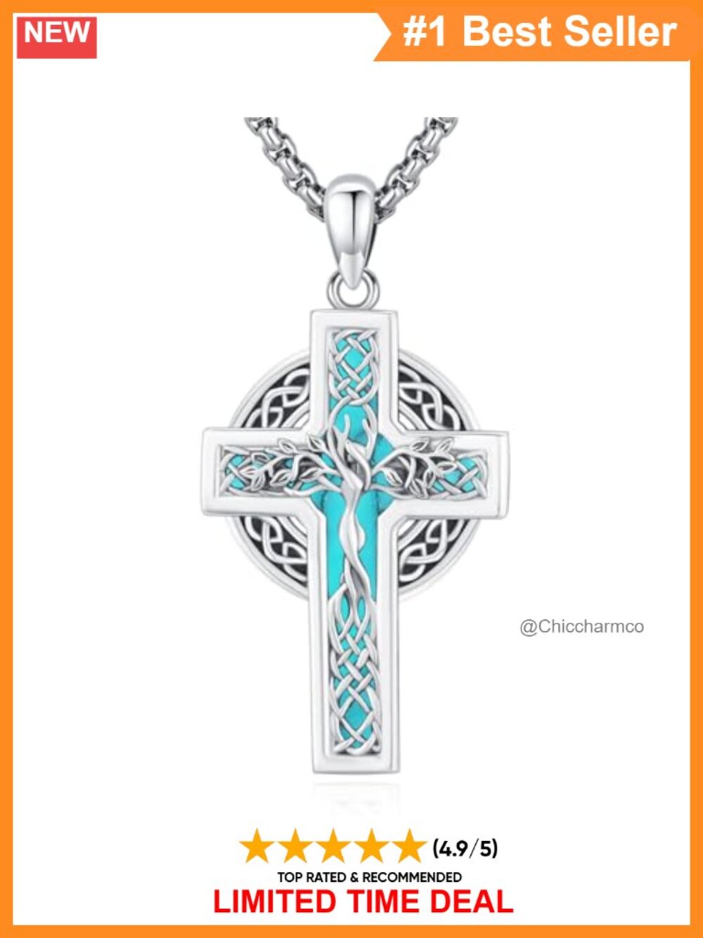 Sterling Silver Celtic Cross Necklace Turquoise Tree of Life Pendant Box Chain
